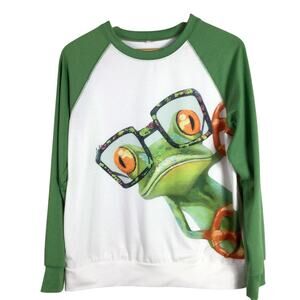 Smart Tree Frog In Glasses Long Sleeve Shirt White Green Large